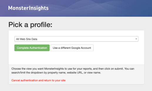 MonsterInsights Pick a Google Analytics Profile