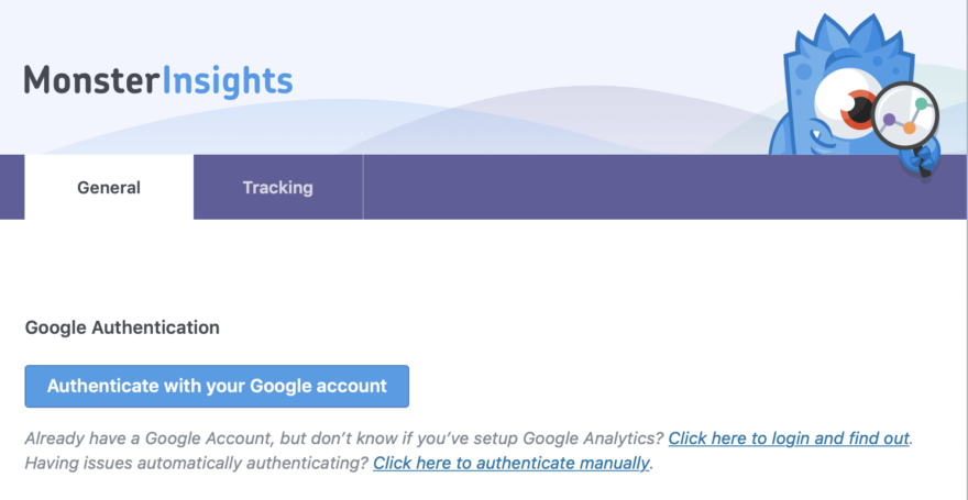Authenticate with your Google Account ion MonsterInsights