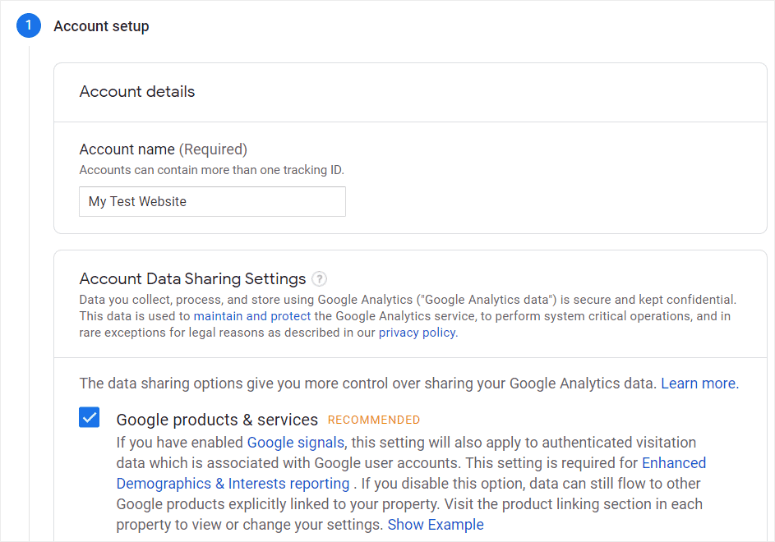Add account details in Google Analytics