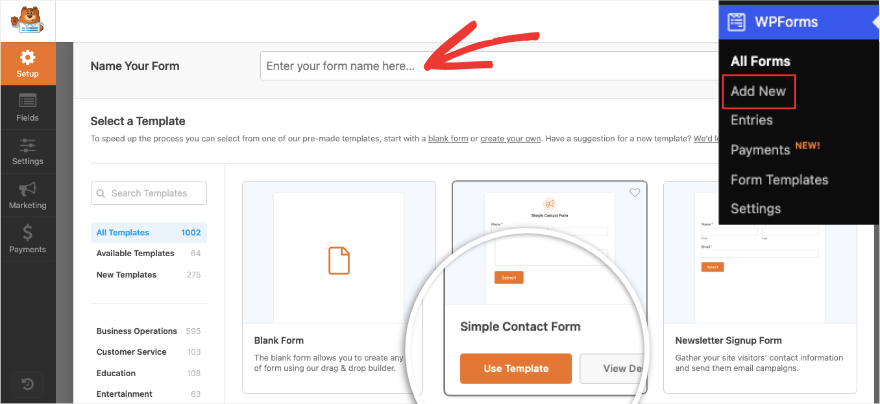 Add contact form template in WPForms