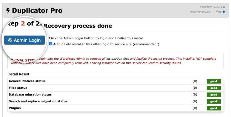 Click admin login to restore site in Duplicator