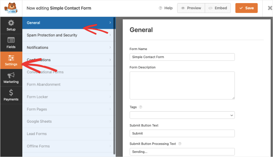 General settings tab in WPForms