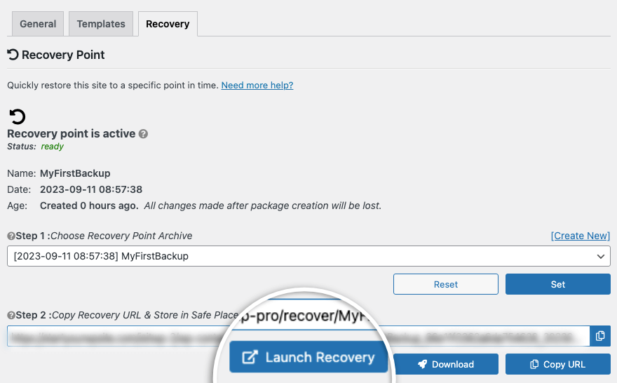 Launch recovery point in Duplicator