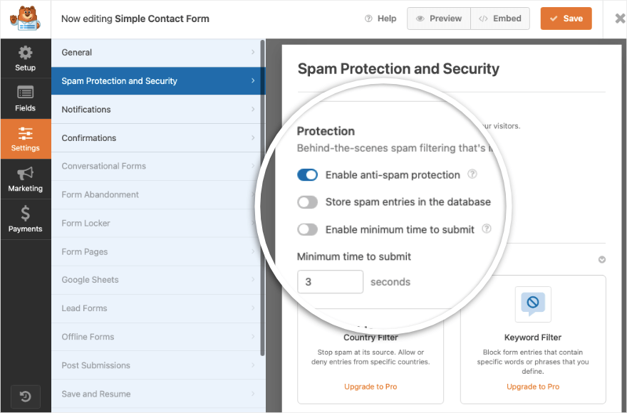 Spam and security in WPForms