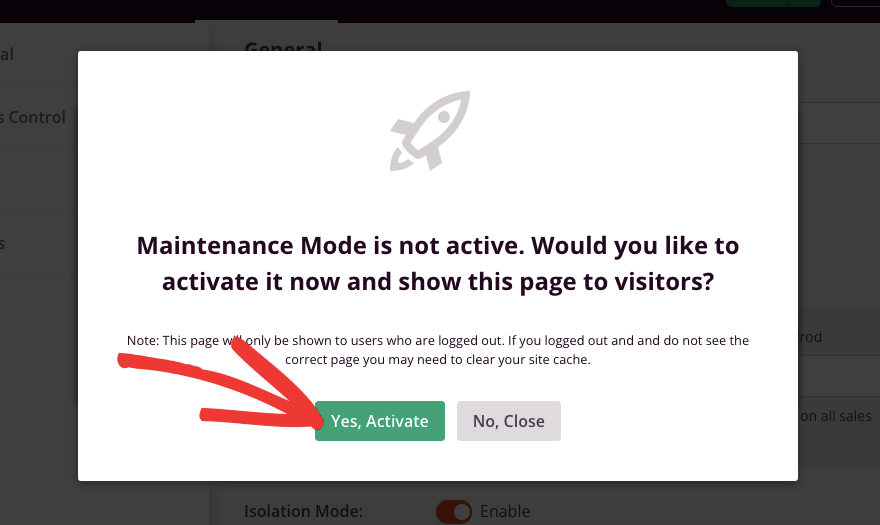 Activate maintenance mode popup