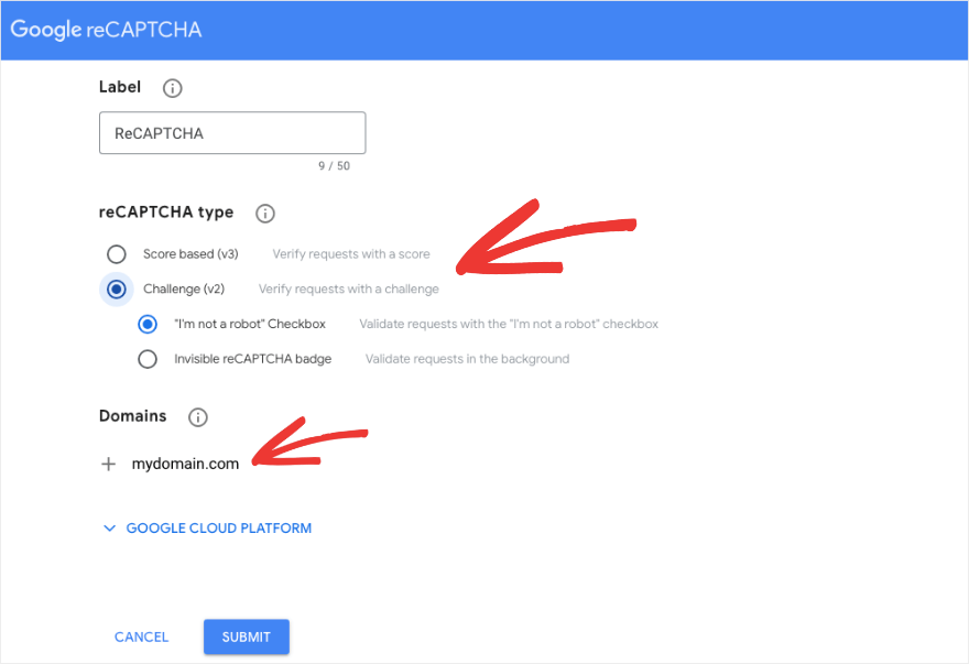 Choose Google Recaptcha type
