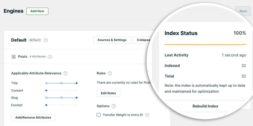 Status indeks SearchWP selesai